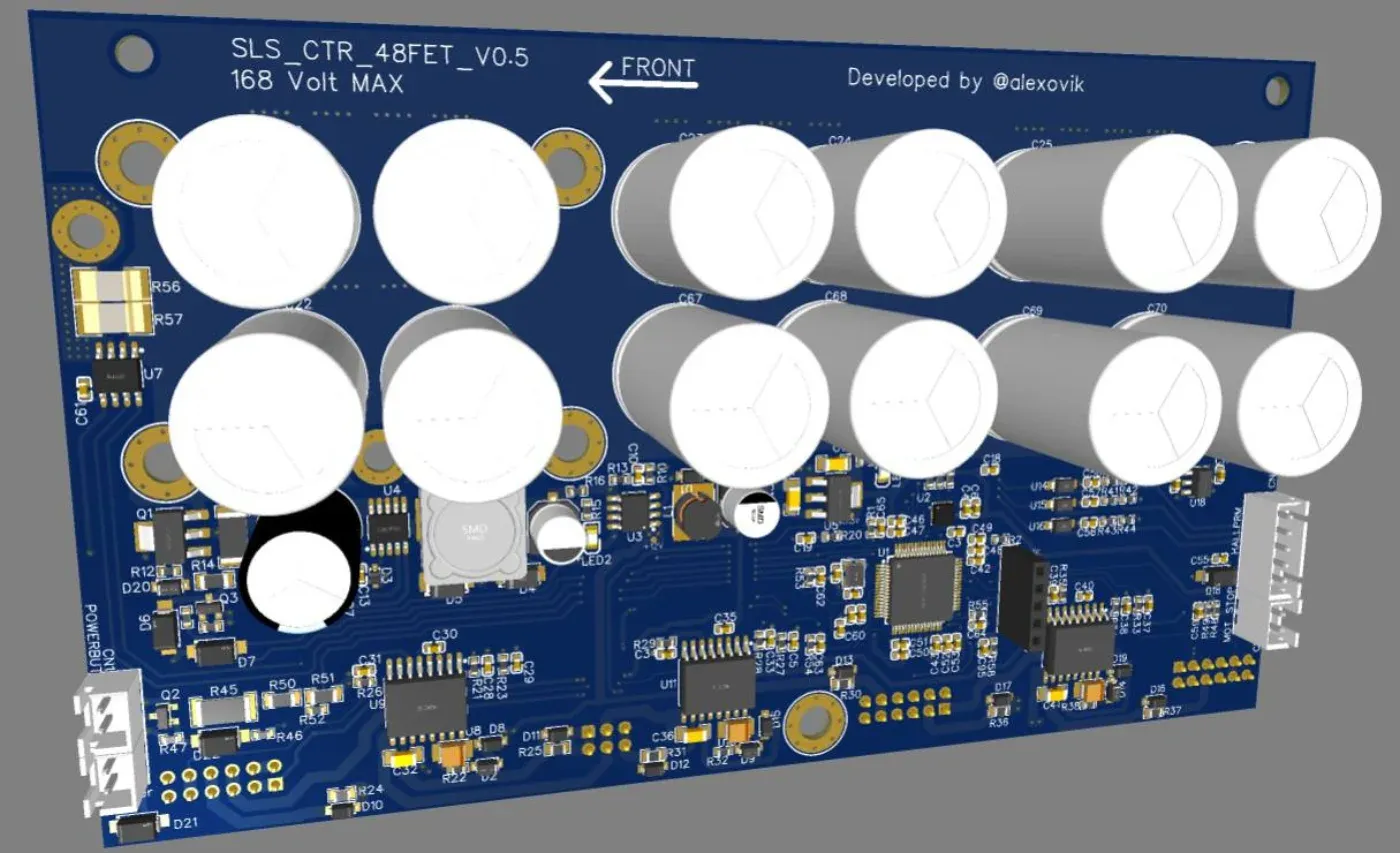 Рендер платы контроллера SLS_CTR_48FET на 168 вольт с подписью «developed by alexovik»
